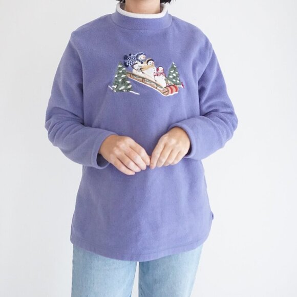 Vintage Croft & Barrow Lavender Embroidered Snowman Fleece Crewneck Sweater L - Picture 2 of 11